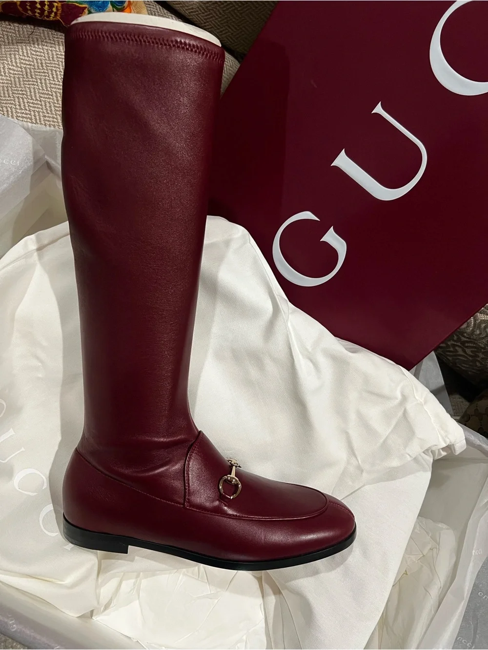 Gucci Jordaan Burgundy Over-the-Knee Leather Riding Boot with Gold Bit